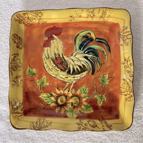 Vintage Orange Rooster With Sunflowers Square Ceramic Dinner Plate Replacement - Picture 1 of 9